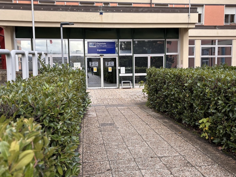 l'ingresso dell'ospedale del Mugello tra due siepi di verde con selciato di ciottoli