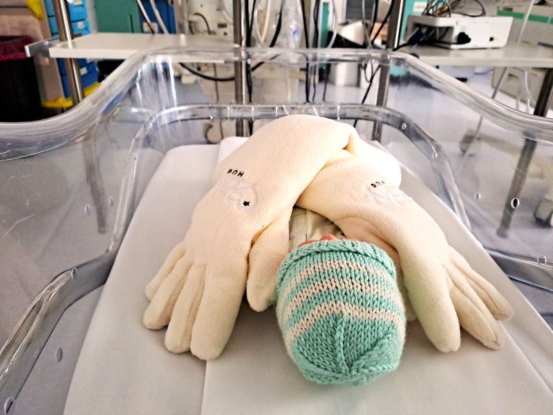 Foto i guanti care all'interno di una culletta della Neonatologia