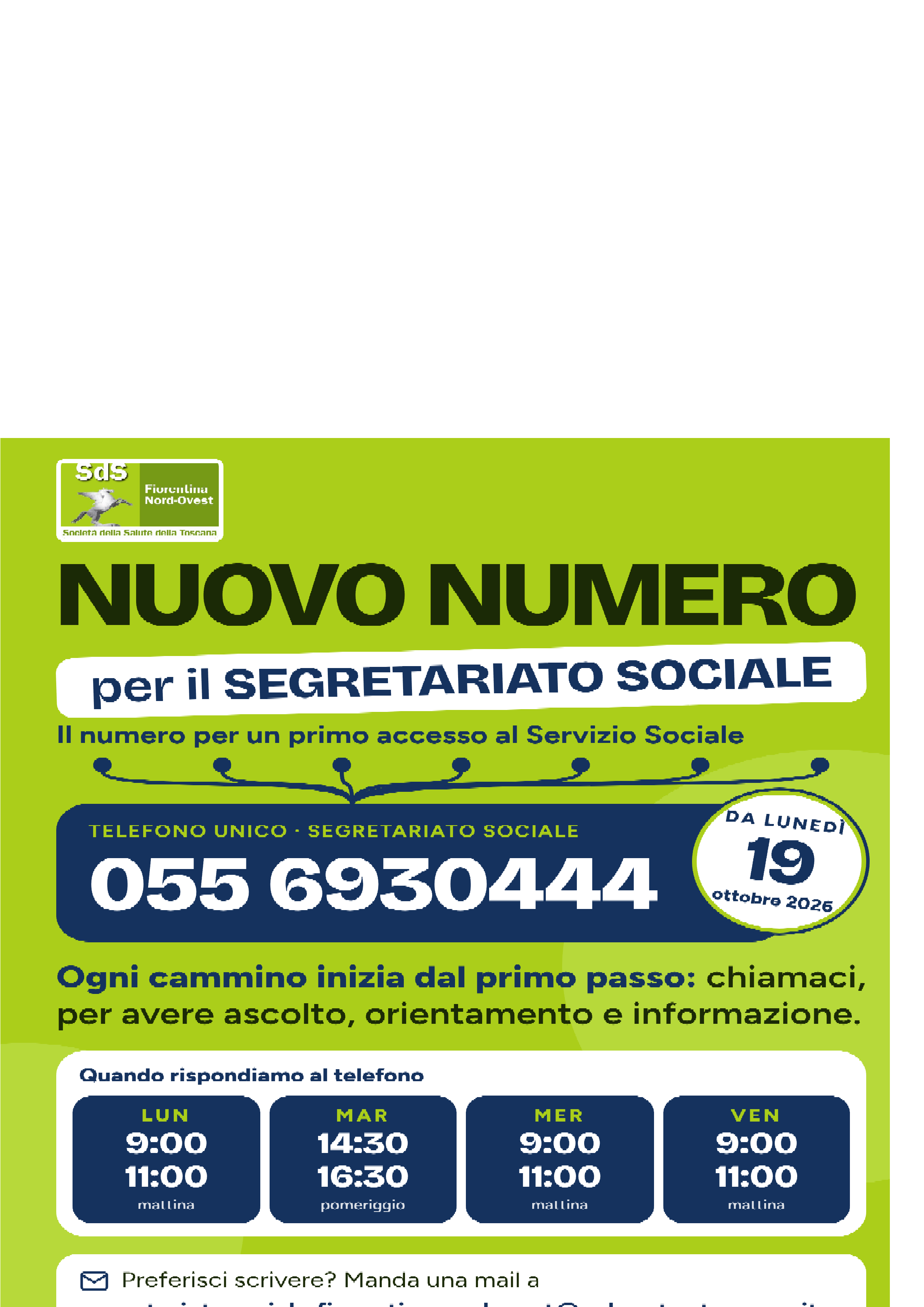 la locandina della Sds Fiorentina Nord Ovest con il nuovo numero del Segretariato sociale